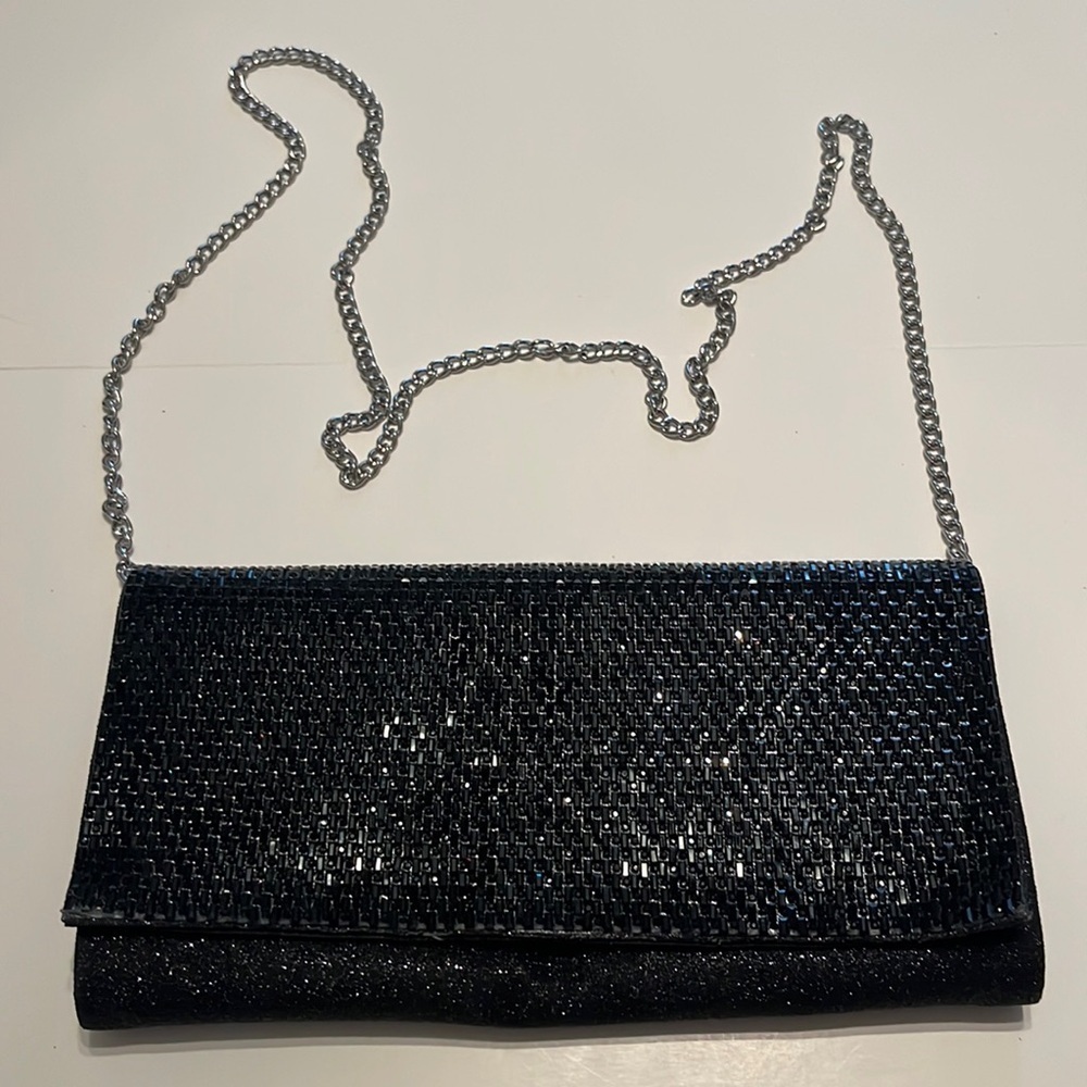 Nina Women's Black Crystal and Glitter Crossbody Clutch
